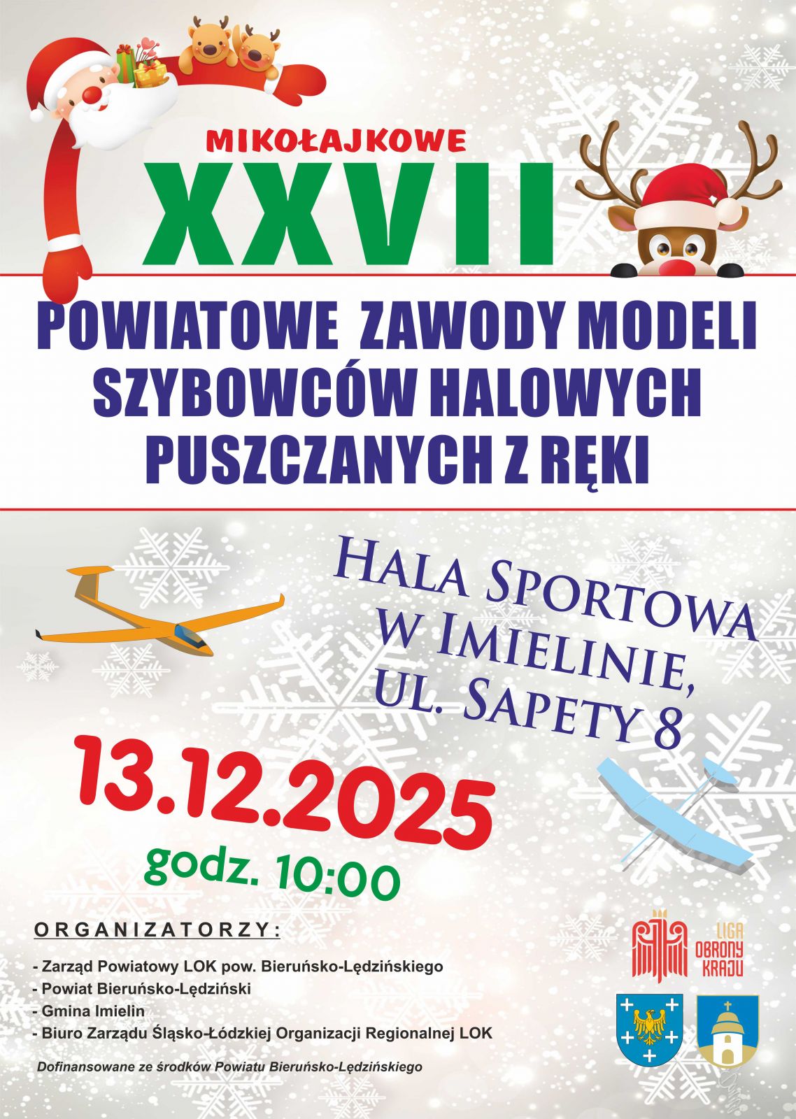 Plakat informujący o mikołajkowych zawodach modeli szybowców halowych